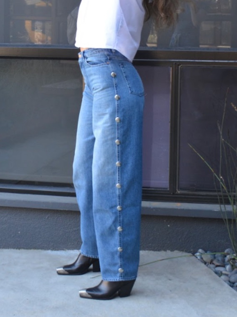 3x1 NYC Nicole Studded Barrel-Leg Jeans in Deep Blue w/ Studs made in Italy
